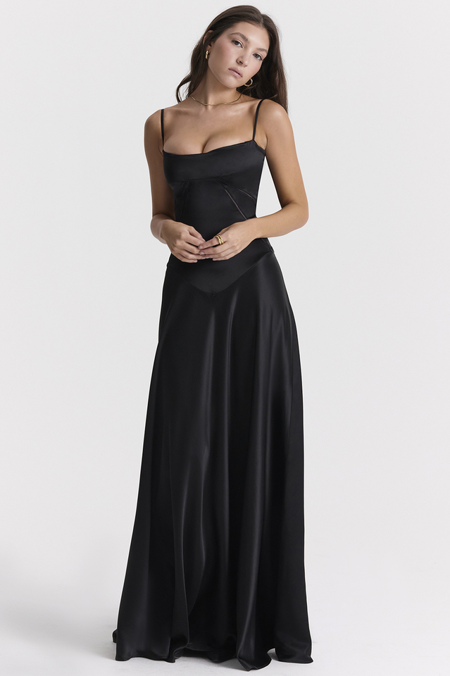Satin Square Neck Spaghetti Strap Corset Bodice Drop Waist Maxi Dress