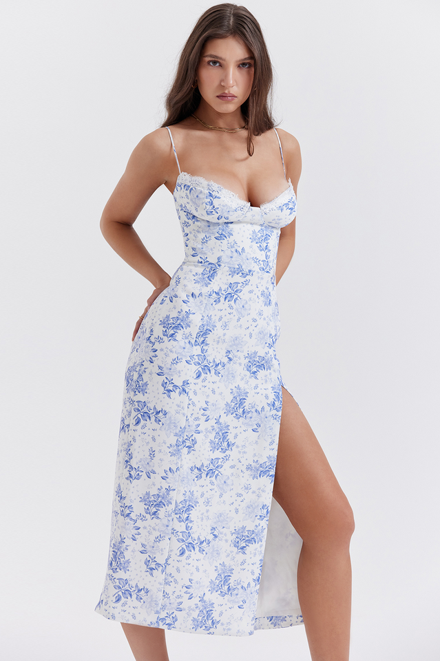 Blue Charlotte Print Corset Midi Dress