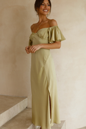 Satin Off Shoulder Puff Sleeve High Split Midi Dress 3