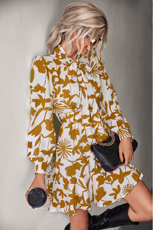 Floral Print Tie Neck Long Sleeve Belted Ruffle Hem Mini Dress 4