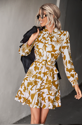 Woven Belt Waist Dress With Long Sleeves M / Yellow