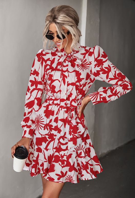 Floral Print Tie Neck Long Sleeve Belted Ruffle Hem Mini Dress 6