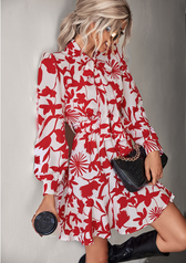 Woven Belt Waist Dress With Long Sleeves Xl / Red