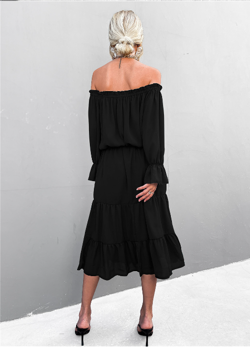 Elegant Lace-Up One-Shoulder Long Dress L / Black