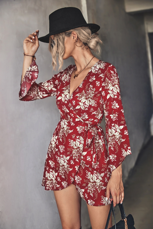 Floral Print V-Neck Wrap Front Bell Sleeve Mini Dress 2