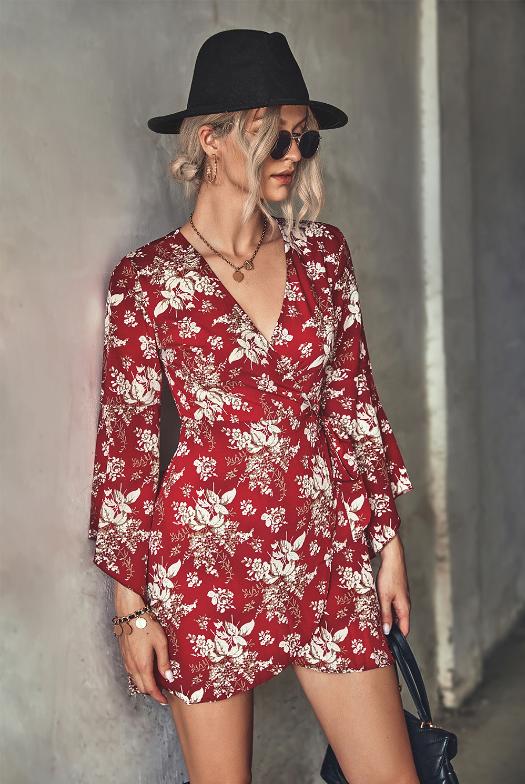 Floral Print V-Neck Wrap Front Bell Sleeve Mini Dress
