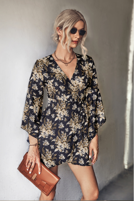 Floral Print V-Neck Wrap Front Bell Sleeve Mini Dress 5