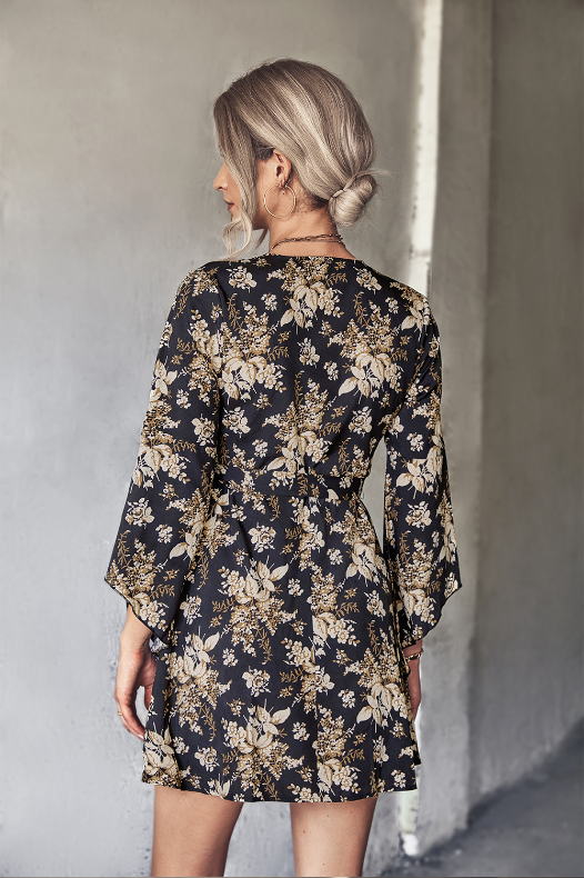 Floral Print V-Neck Wrap Front Bell Sleeve Mini Dress 6