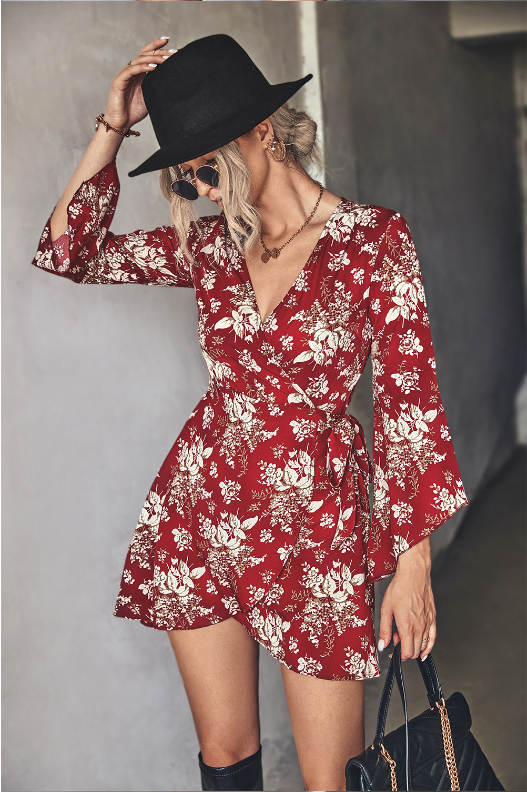 Floral Print V-Neck Wrap Front Bell Sleeve Mini Dress 3