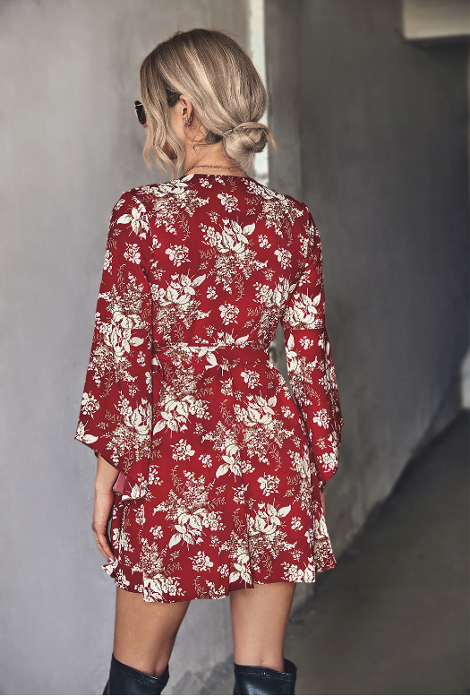 Floral Print V-Neck Wrap Front Bell Sleeve Mini Dress 4