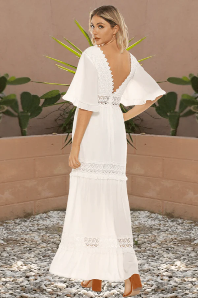 Lace Trim V-Neck Short Sleeve Tiered Maxi Dress 2