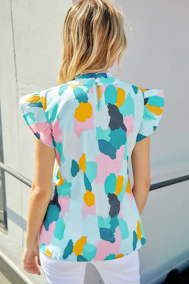 Abstract Brushstroke Print Mock Neck Ruffle Sleeve Blouse 2