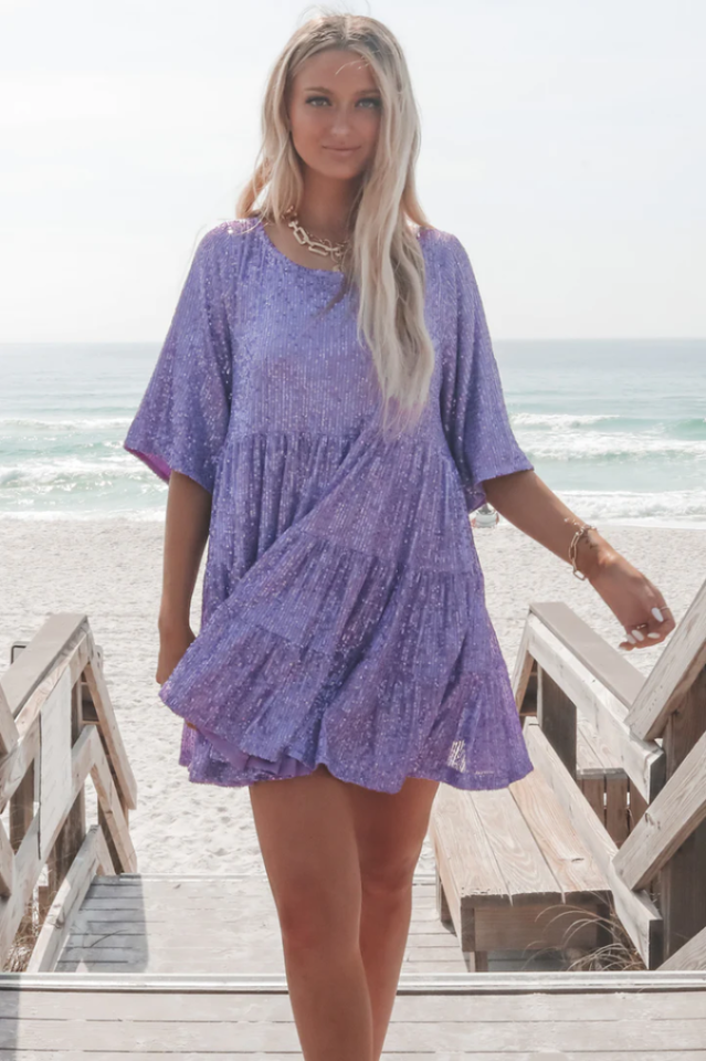 Sequin Tiered Ruffle Short Sleeve Crew Neck Babydoll Mini Party Dress