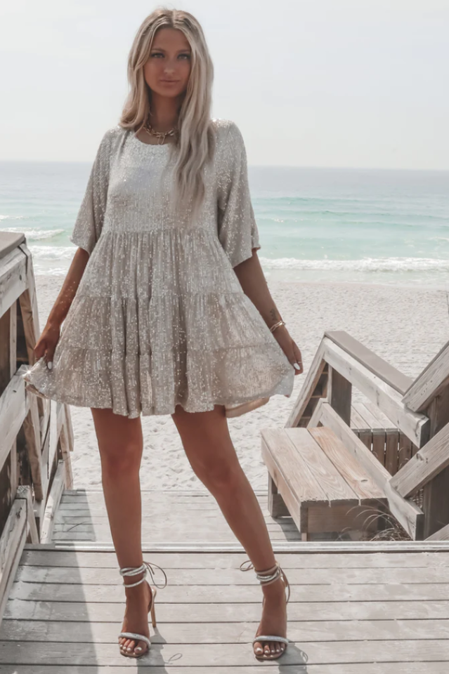 Sequin Tiered Ruffle Short Sleeve Crew Neck Babydoll Mini Party Dress