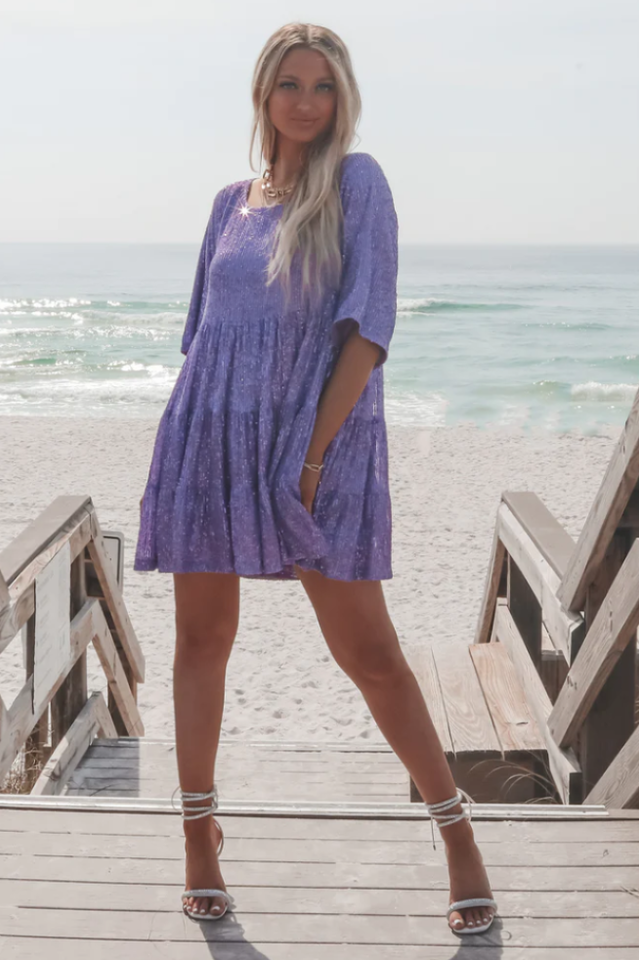 Sequin Tiered Ruffle Short Sleeve Crew Neck Babydoll Mini Party Dress