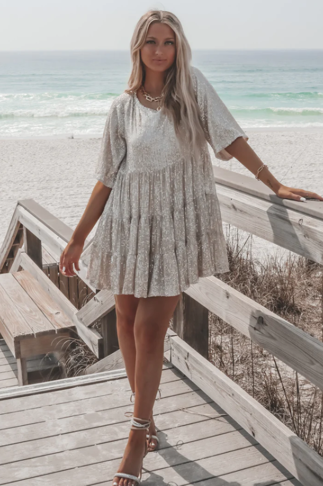 Sequin Tiered Ruffle Short Sleeve Crew Neck Babydoll Mini Party Dress