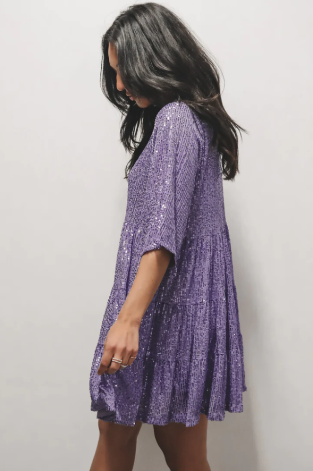 Sequin Tiered Ruffle Short Sleeve Crew Neck Babydoll Mini Party Dress