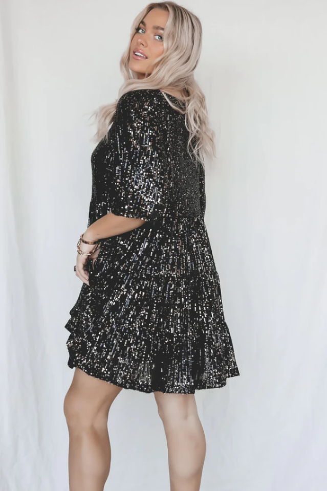 Sequin Tiered Ruffle Short Sleeve Crew Neck Babydoll Mini Party Dress