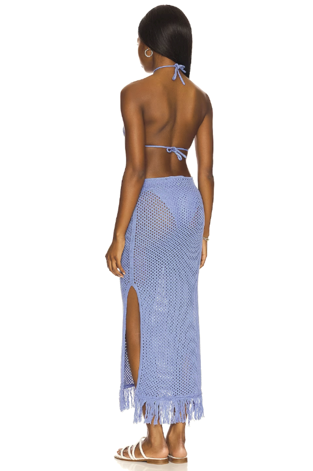 Crochet Knit Halter Neck Fringe High Split Midi Dress 2