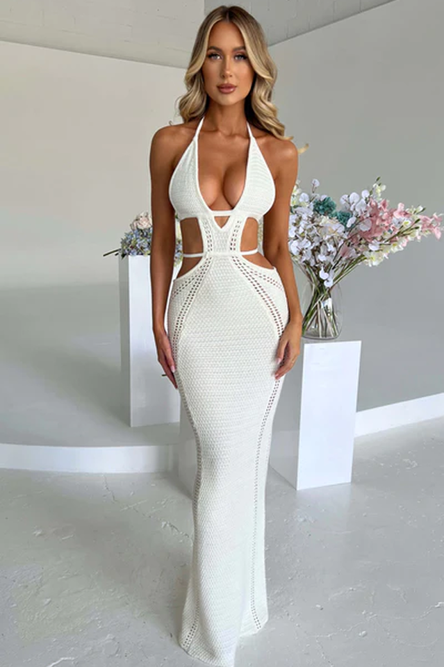 Crochet Knit Halter Neck Cut Out Mermaid Maxi Dress