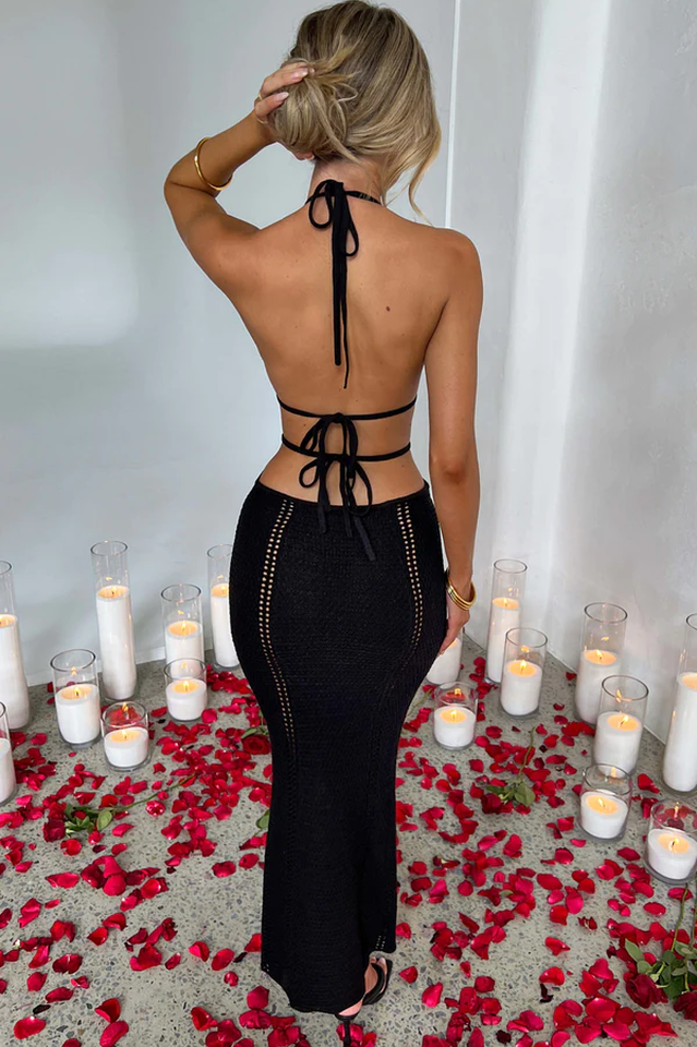 Crochet Knit Halter Neck Cut Out Mermaid Maxi Dress 5