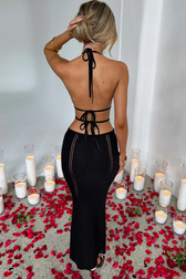 Crochet Knit Halter Neck Cut Out Mermaid Maxi Dress 5