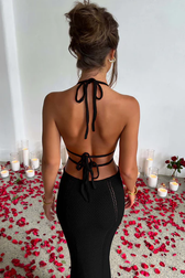 Crochet Knit Halter Neck Cut Out Mermaid Maxi Dress 9