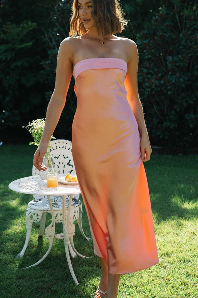 Strapless Satin Straight Neck Column Midi Dress 29
