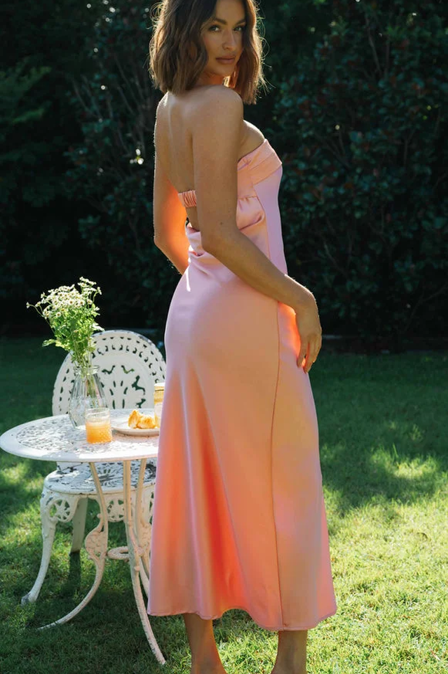 Strapless Satin Straight Neck Column Midi Dress 30
