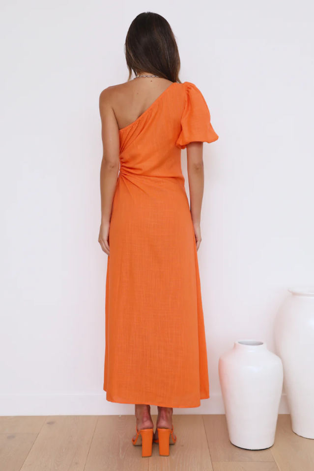 One Shoulder Puff Sleeve Ruched Cut Out High Split Midi Dress 5