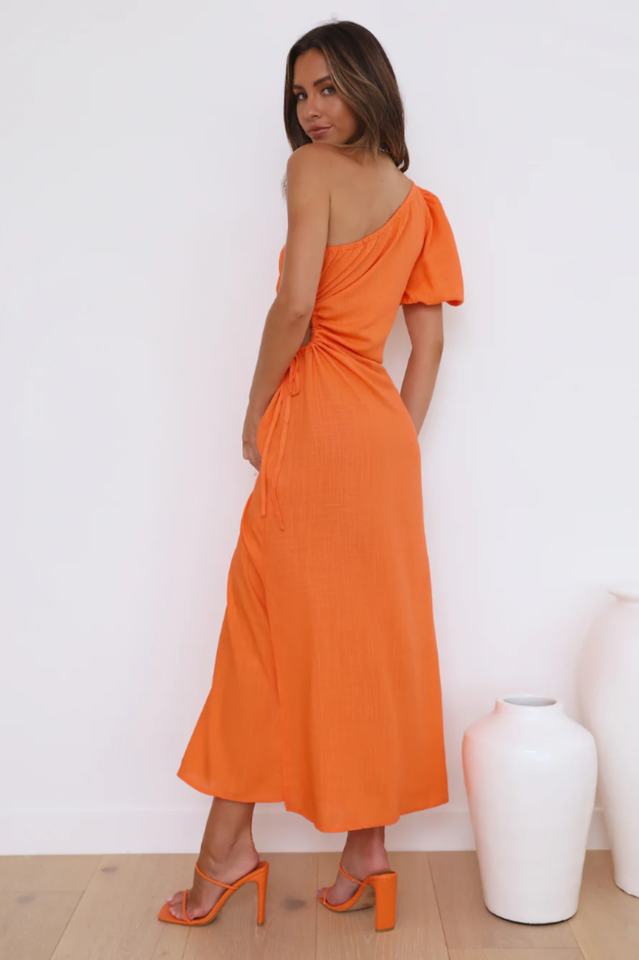 One Shoulder Puff Sleeve Ruched Cut Out High Split Midi Dress 2