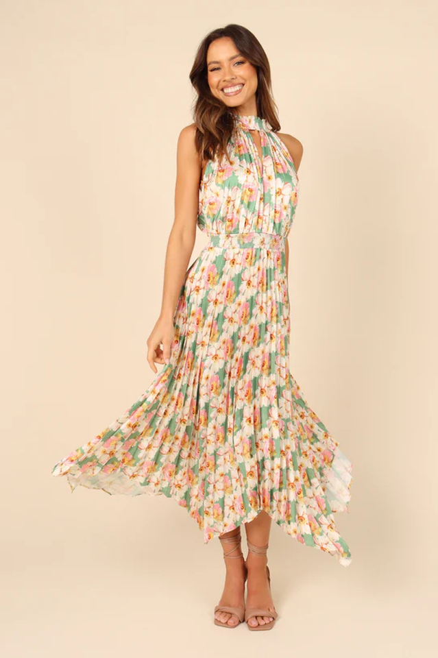 Floral Print Halter Neck Keyhole Pleated Handkerchief Hem Midi Dress