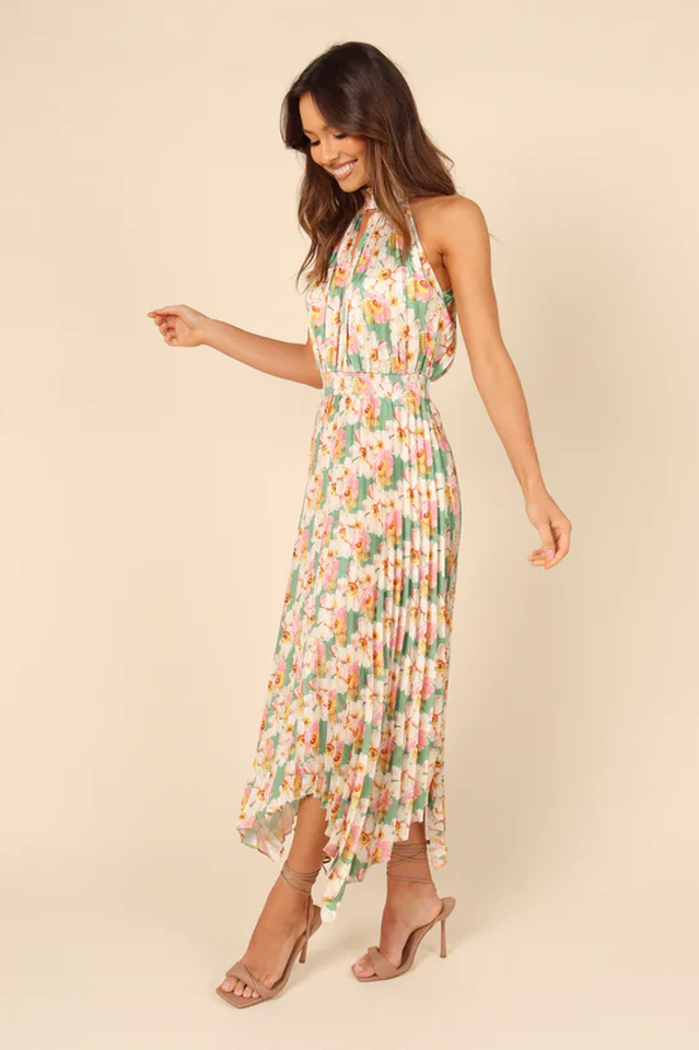 Floral Print Halter Neck Keyhole Pleated Handkerchief Hem Midi Dress 4