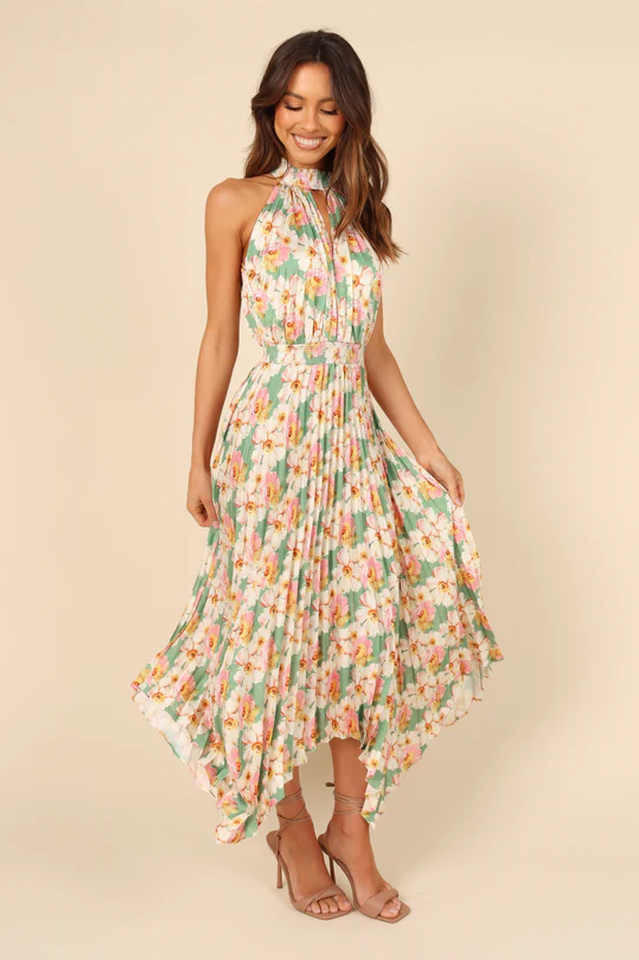 Floral Print Halter Neck Keyhole Pleated Handkerchief Hem Midi Dress 3