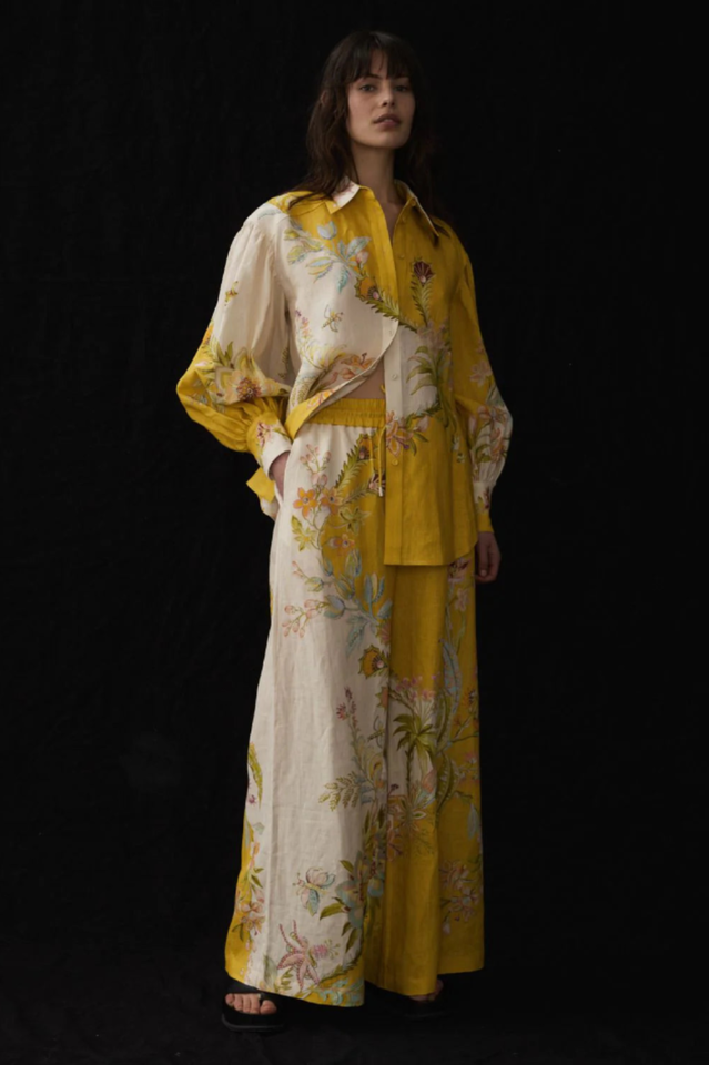 Floral Print Long Sleeve Button Shirt and Wide Leg Pants Two Piece Set