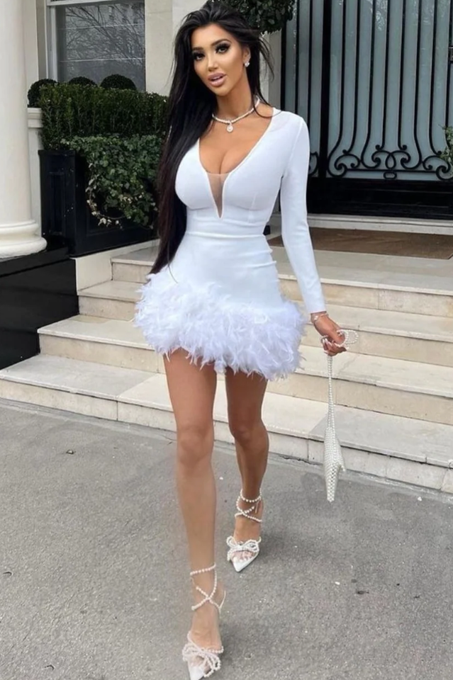 Deep V-Neck Long Sleeve Feather Trim Hem Bodycon Mini Dress 6