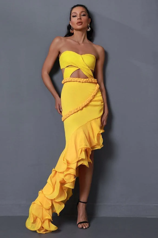 Strapless Twist Front Cut Out Braided Trim Ruffle High Low Gown 2
