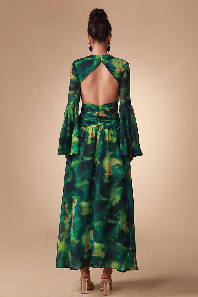 Bell Sleeve Printed Gown