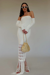 Knit Off Shoulder Long Sleeve Fringe Mermaid Maxi Dress 3