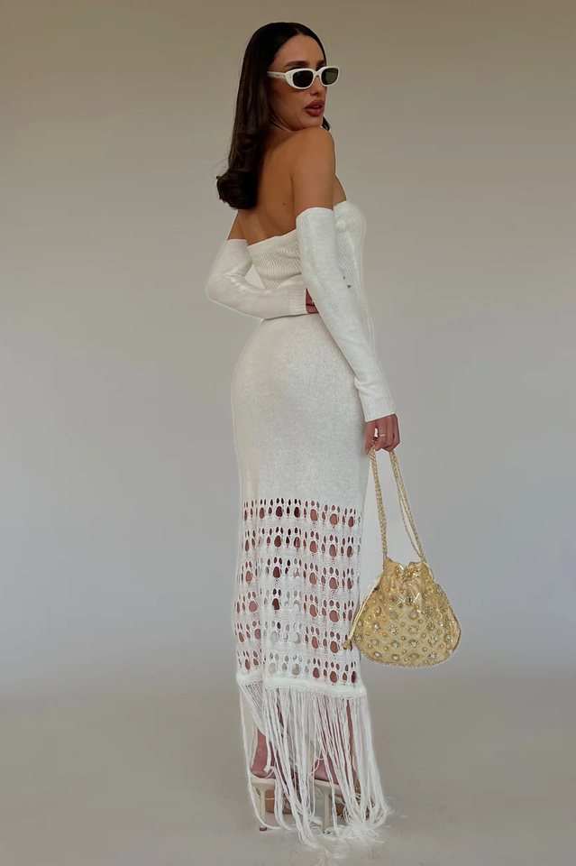 Knit Off Shoulder Long Sleeve Fringe Mermaid Maxi Dress 4