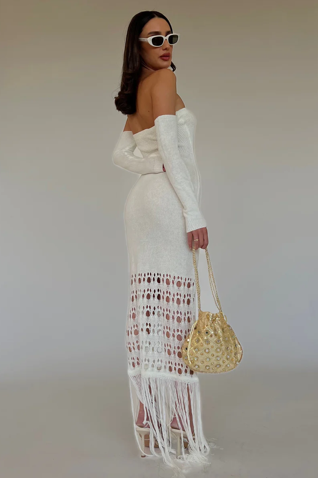 Knit Off Shoulder Long Sleeve Fringe Mermaid Maxi Dress 2