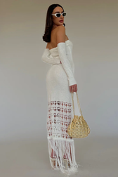 Knit Off Shoulder Long Sleeve Fringe Mermaid Maxi Dress 2