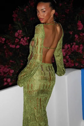 Crochet Knit Boat Neck Long Sleeve High Split Maxi Dress 7