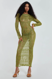 Crochet Knit Boat Neck Long Sleeve High Split Maxi Dress 2
