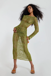 Crochet Knit Boat Neck Long Sleeve High Split Maxi Dress 3
