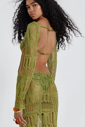 Crochet Knit Boat Neck Long Sleeve High Split Maxi Dress 5