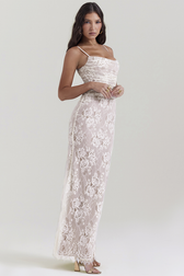 Vintage Cream White Lace Maxi Dress in Cream White - View 3