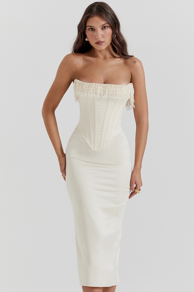 Pearl Fringe Strapless Corset Boned Bodycon Midi Dress
