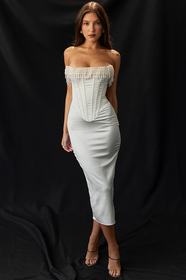 Pearl Fringe Strapless Corset Boned Bodycon Midi Dress