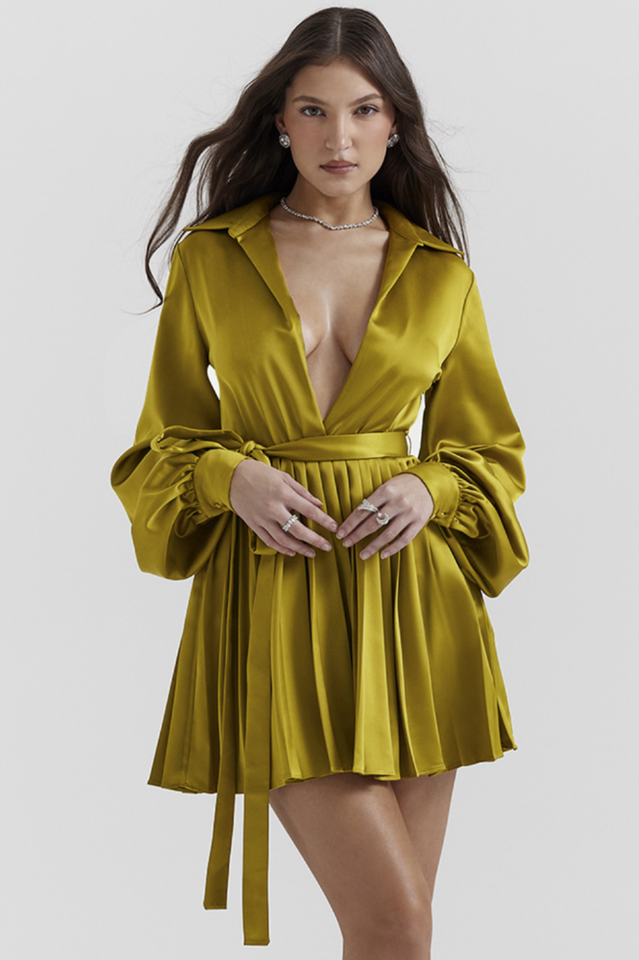 Satin Deep V-Neck Balloon Sleeve Belted Pleated Mini Shirt Dress